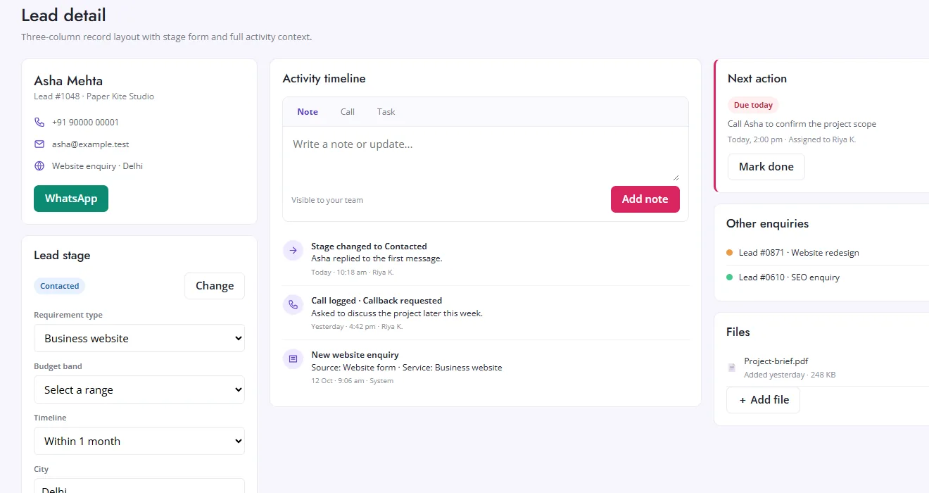 CoregenX CRM lead detail view with sample data