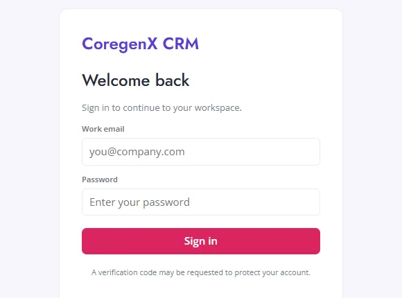 CoregenX CRM secure login screen with sample data